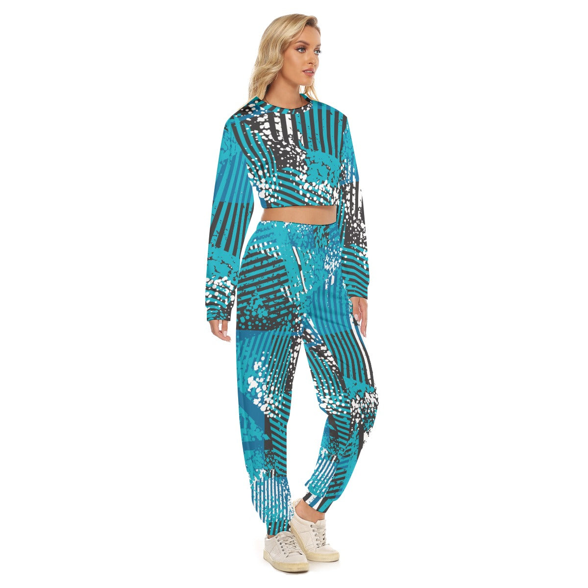 Ptahra B Women's Turquoise/blue with Black Pattern Crop Sweatshirt Suit