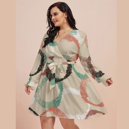 Ptahra B Women's Beige/Pink/Green with Black Circle Pattern V-neck Dress with Waistband