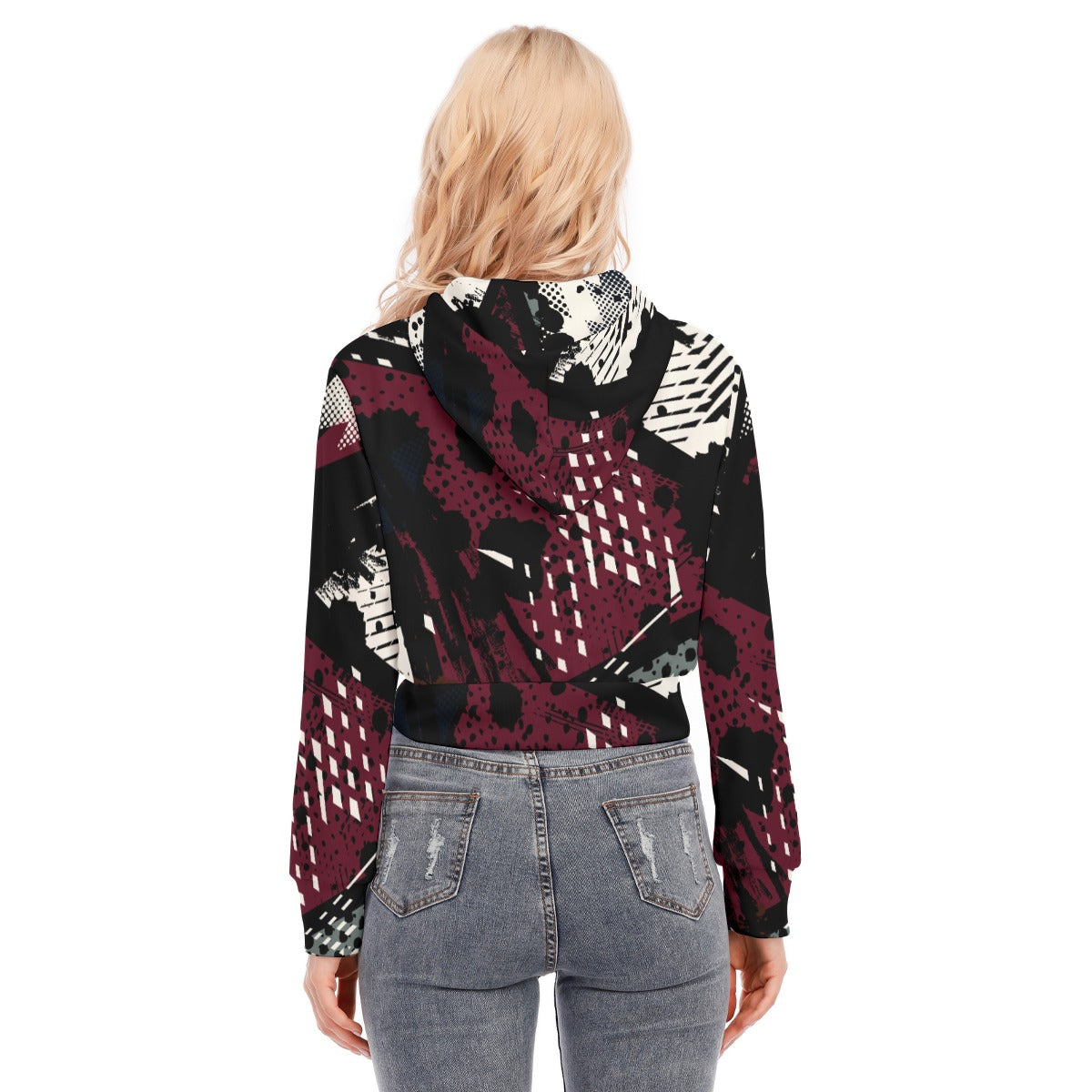Ptahra B Women's Black/Burgundy Red/White Crop Top Hoodie with Zipper Closure