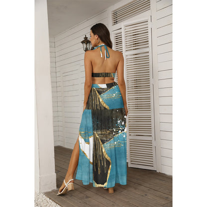 Ptahra B Women's Blue/Black/White Sophisticated Tie Back Wrap Dress