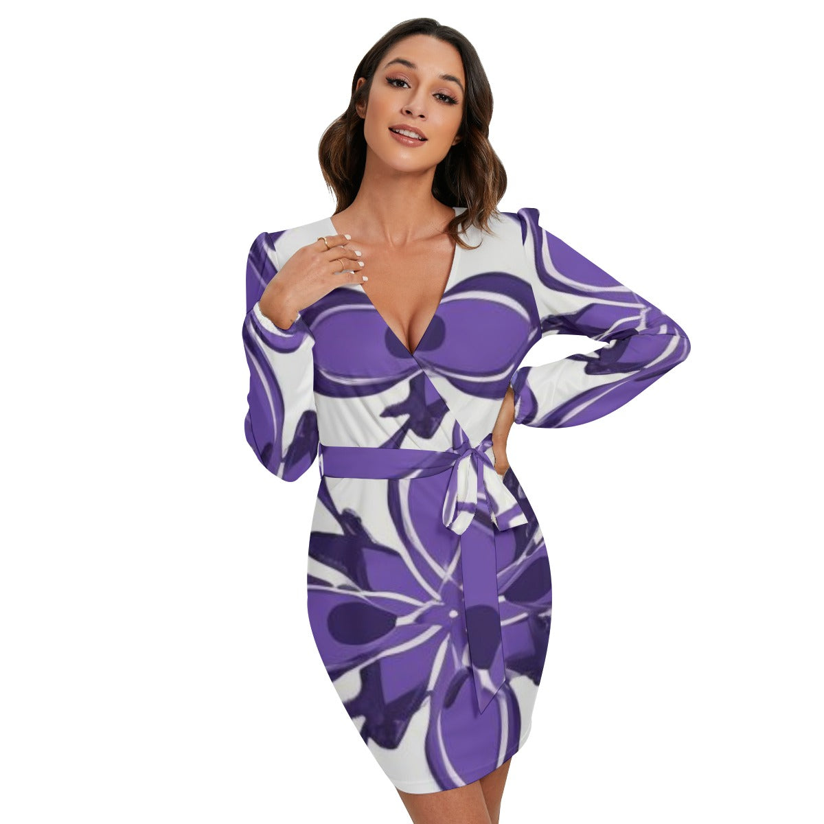 Ptahra B White/Purple Floral Women's Long Sleeve Dress with Waist Belt