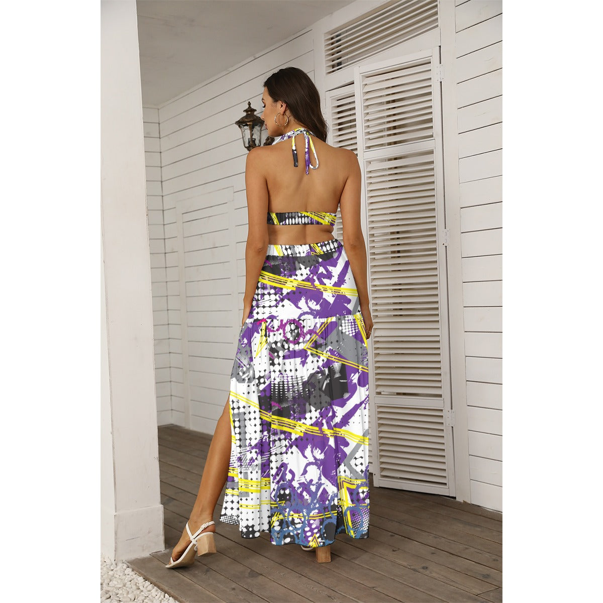 Ptahra B Women's Purple/Yellow/White Graphic Tie Back Wrap Dress