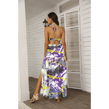 Ptahra B Women's Purple/Yellow/White Graphic Tie Back Wrap Dress