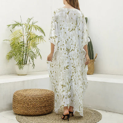 Ptahra B Women's Thin Leaf Pattern Imitation Silk V-neck Kaftan Robe