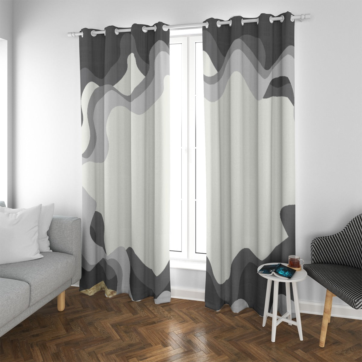 Ptahra White Multi-Grey/Black Coral Wave Style Blackout Grommet Curtains
