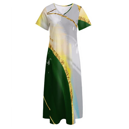 Ptahra B Women's White/Forest Green/Yellow/Gold V-neck Dress With Side Slit
