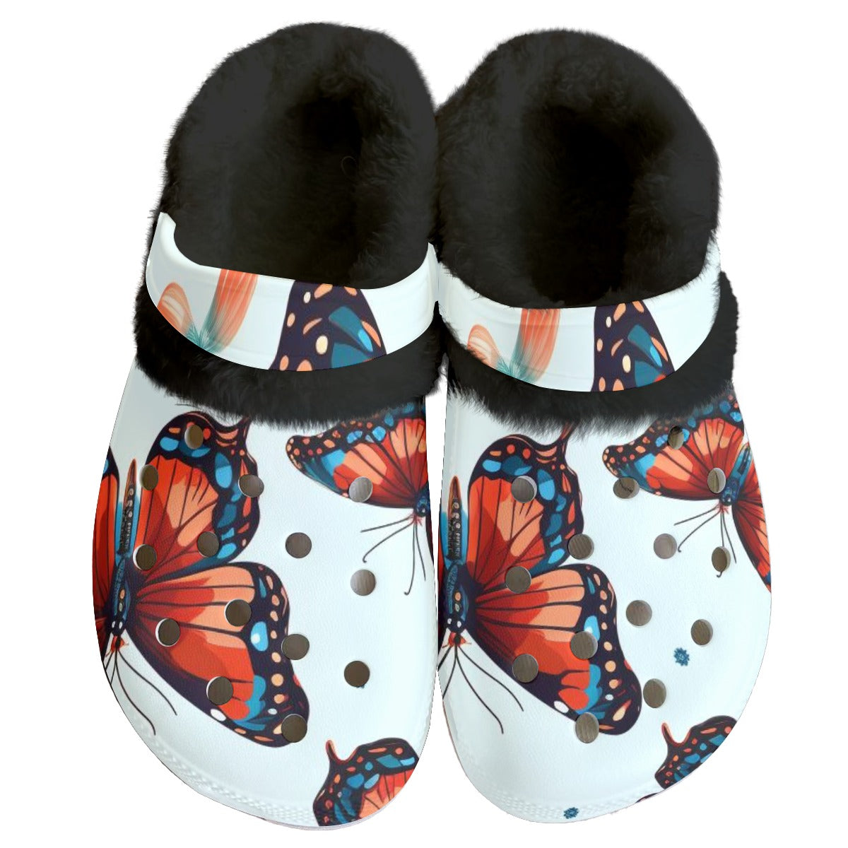 Ptahra B Women's Light Blue/Multi-Butterfly Classic Clogs with Fleece