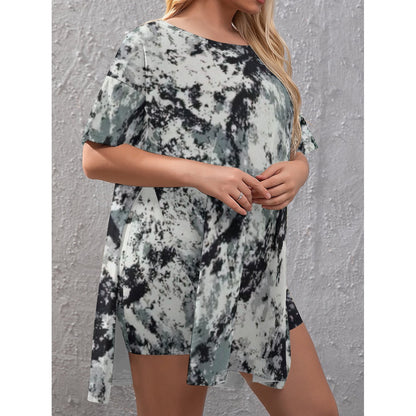 Ptahra B Women's Black Grey Tye-Dye Style Drop-Shoulder T-Shirt with Side Split and Shorts