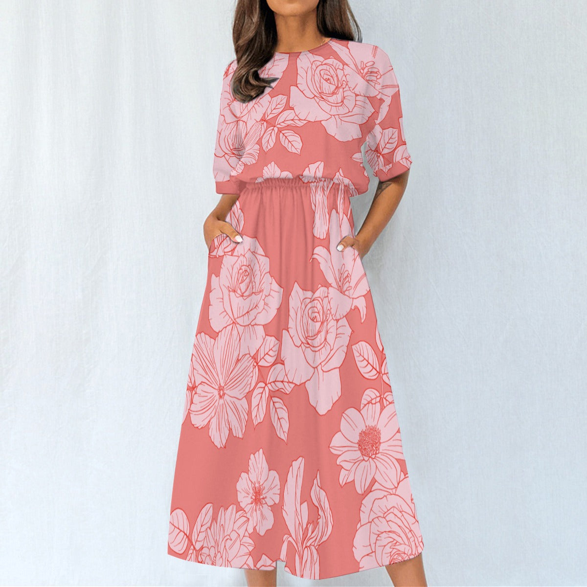 Ptahra B Women's Pink Floral Elastic Waist Dress