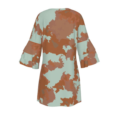 Ptahra B Women's soft Green/Brown Stacked Ruffle Sleeve Dress