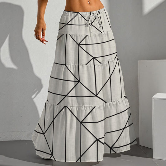 Ptahra Women's Light Grey/ Black Line Pleated Long Skirt