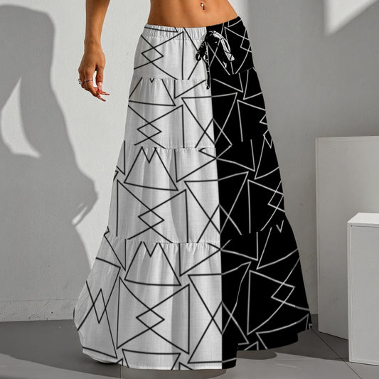 Ptahra Women's Half White Half Black Pleated Long Skirt