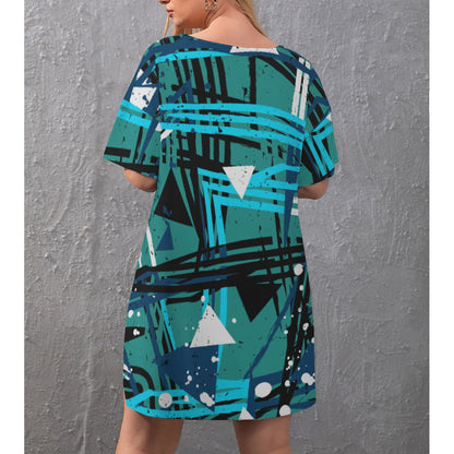 Ptahra B Women's Multi-Color/Triangle Drop-Shoulder T-Shirt with Side Split and Shorts