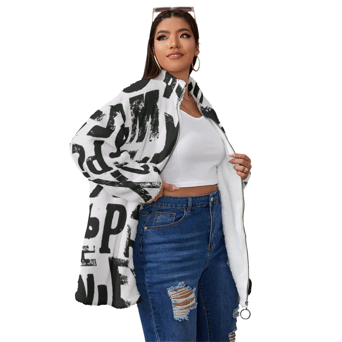 Ptahra B Black lettering Borg Fleece Stand-up Collar Coat With Zipper Closure (Plus Size)