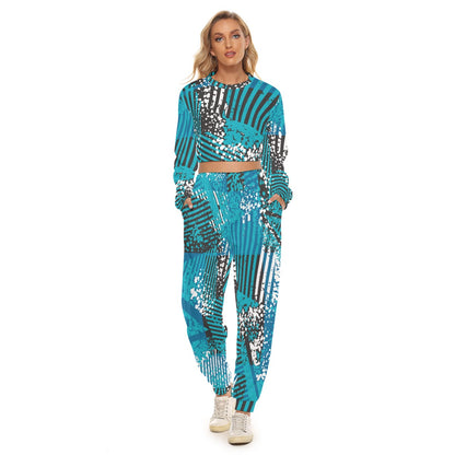 Ptahra B Women's Turquoise/blue with Black Pattern Crop Sweatshirt Suit