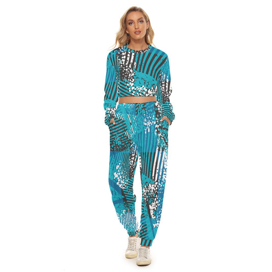 Ptahra B Women's Turquoise/blue with Black Pattern Crop Sweatshirt Suit