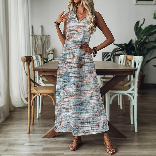 Ptahra Women's Multi-Color Line Pattern V-Neck Long Dress