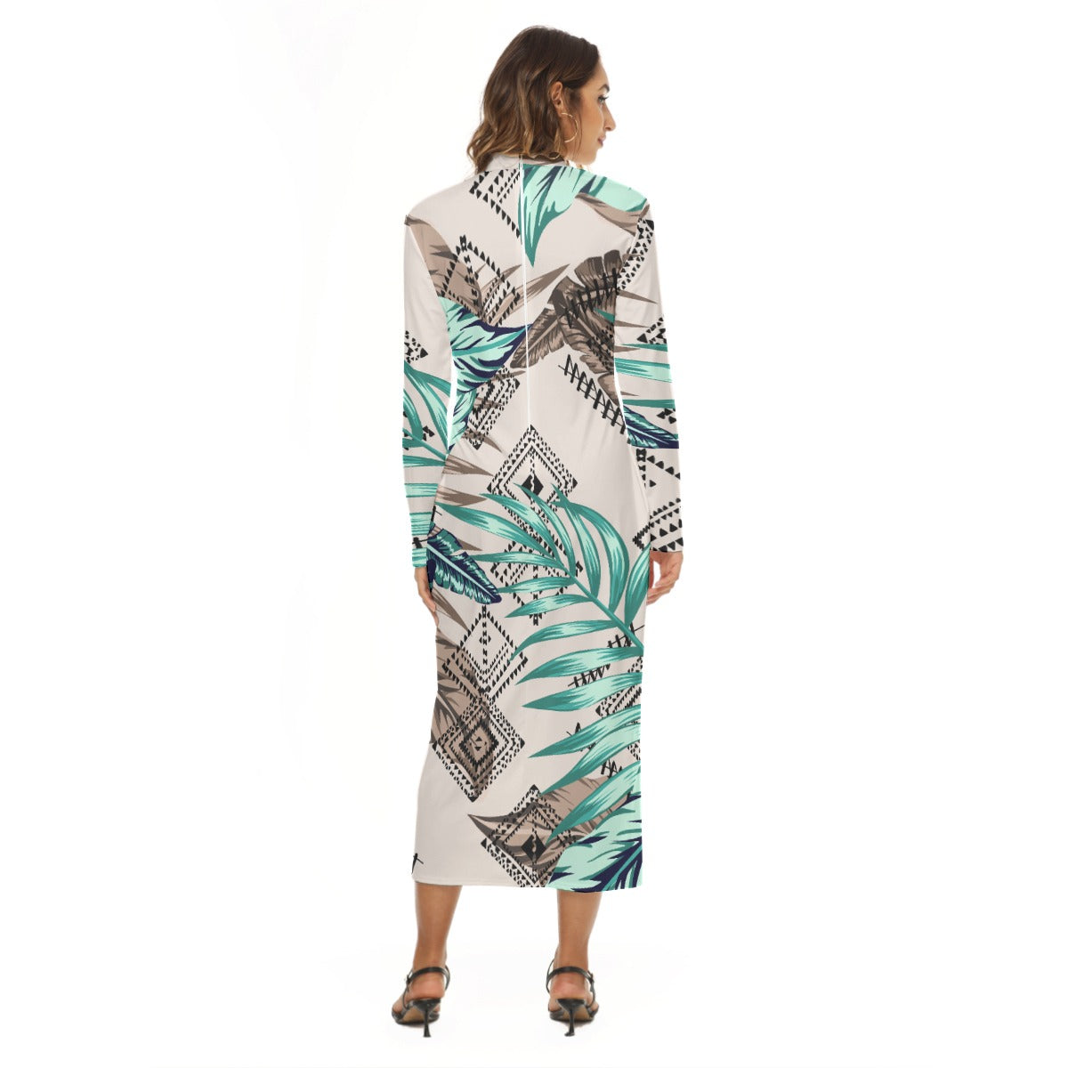 Ptahra B Light Beige/Green Leaf/Diamond Pattern Women's Hip Dress