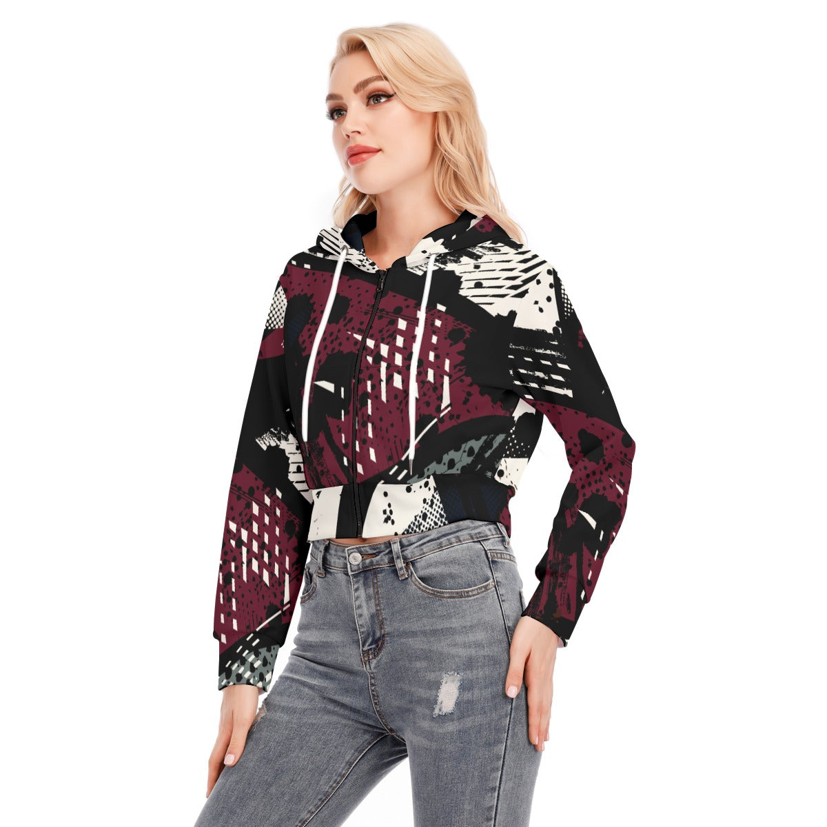 Ptahra B Women's Black/Burgundy Red/White Crop Top Hoodie with Zipper Closure