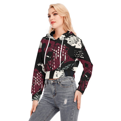 Ptahra B Women's Black/Burgundy Red/White Crop Top Hoodie with Zipper Closure