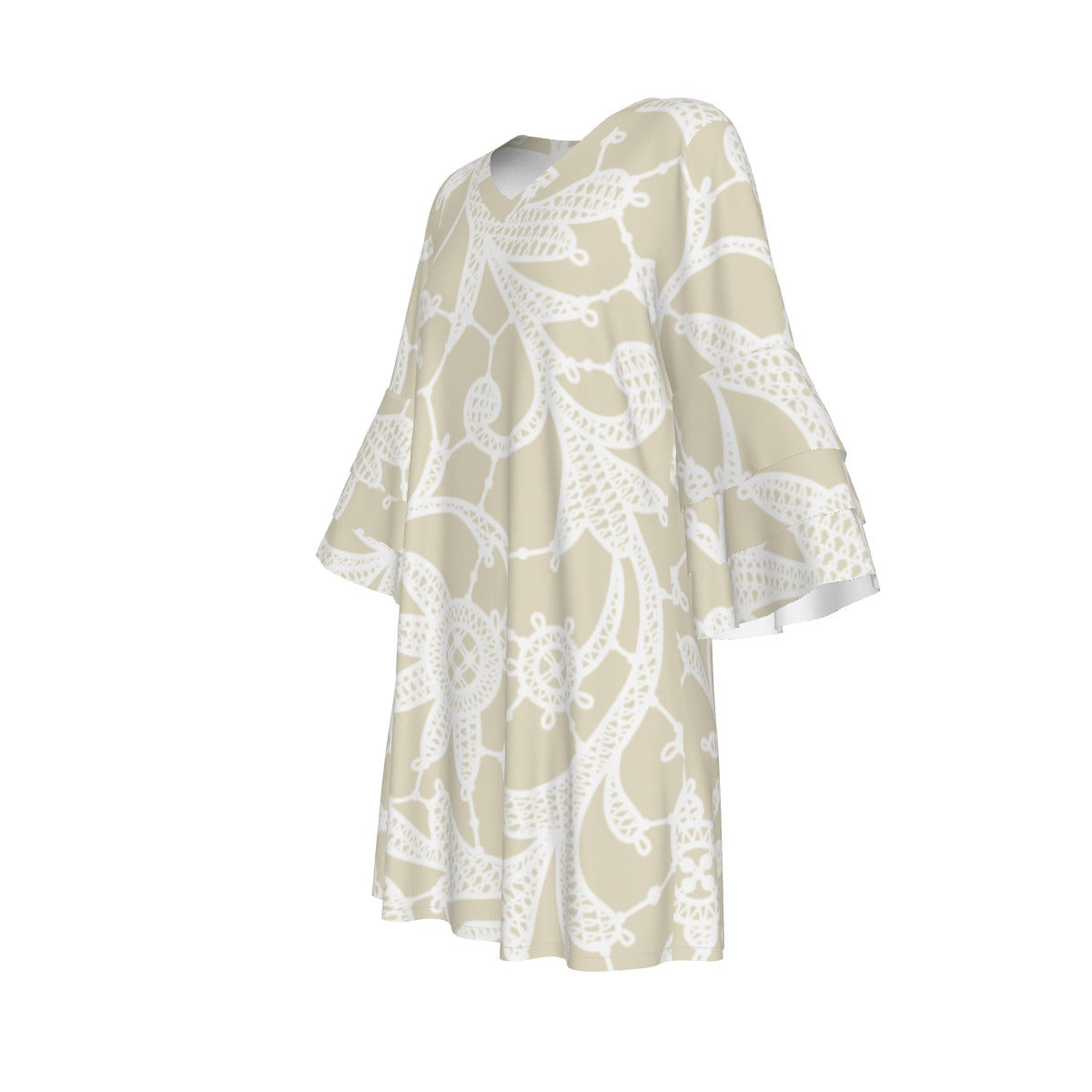Ptahra B Women's Floral Nitted Style Pattern Stacked Ruffle Sleeve Dress