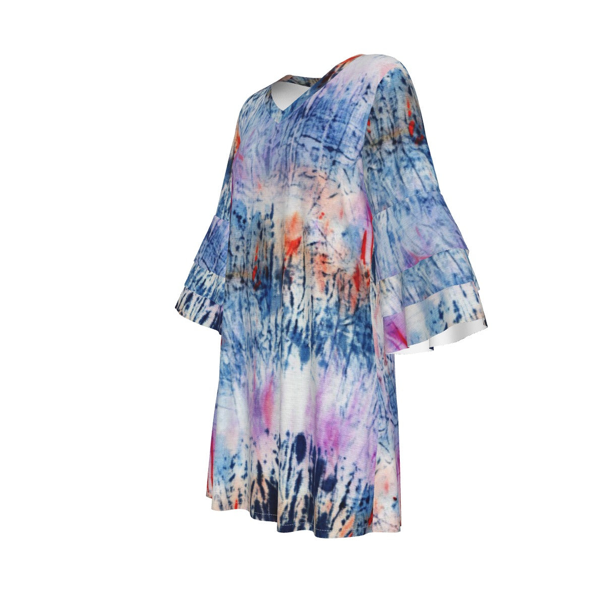 Ptahra B Women's Tye-Dye Style Stacked Ruffle Sleeve Dress