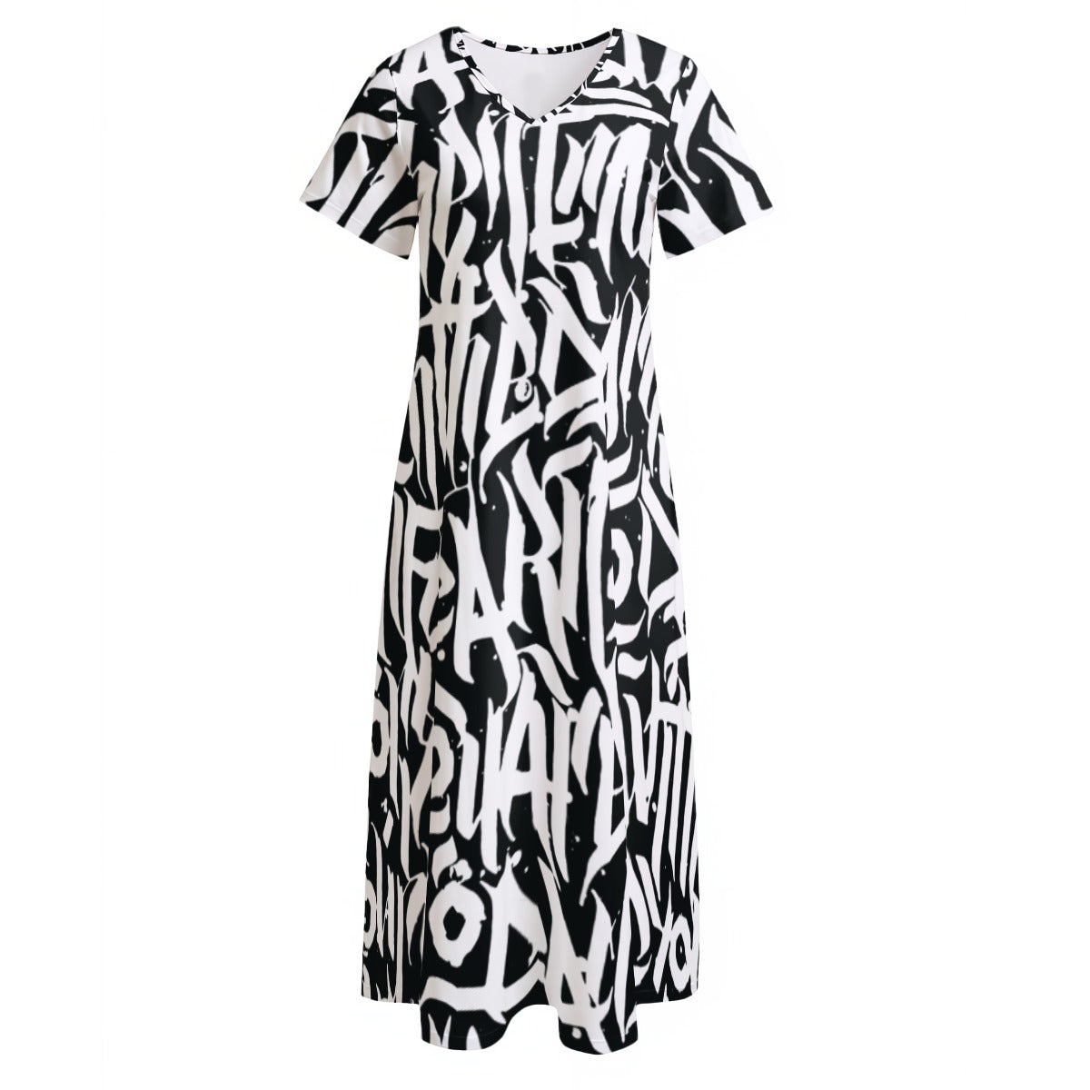Ptahra B Women's Black/White Writing V-neck Dress With Side Slit