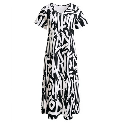 Ptahra B Women's Black/White Writing V-neck Dress With Side Slit