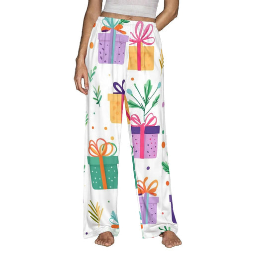 Ptahra Women's White/Multi-Color Christmas Present's Pajama Pants