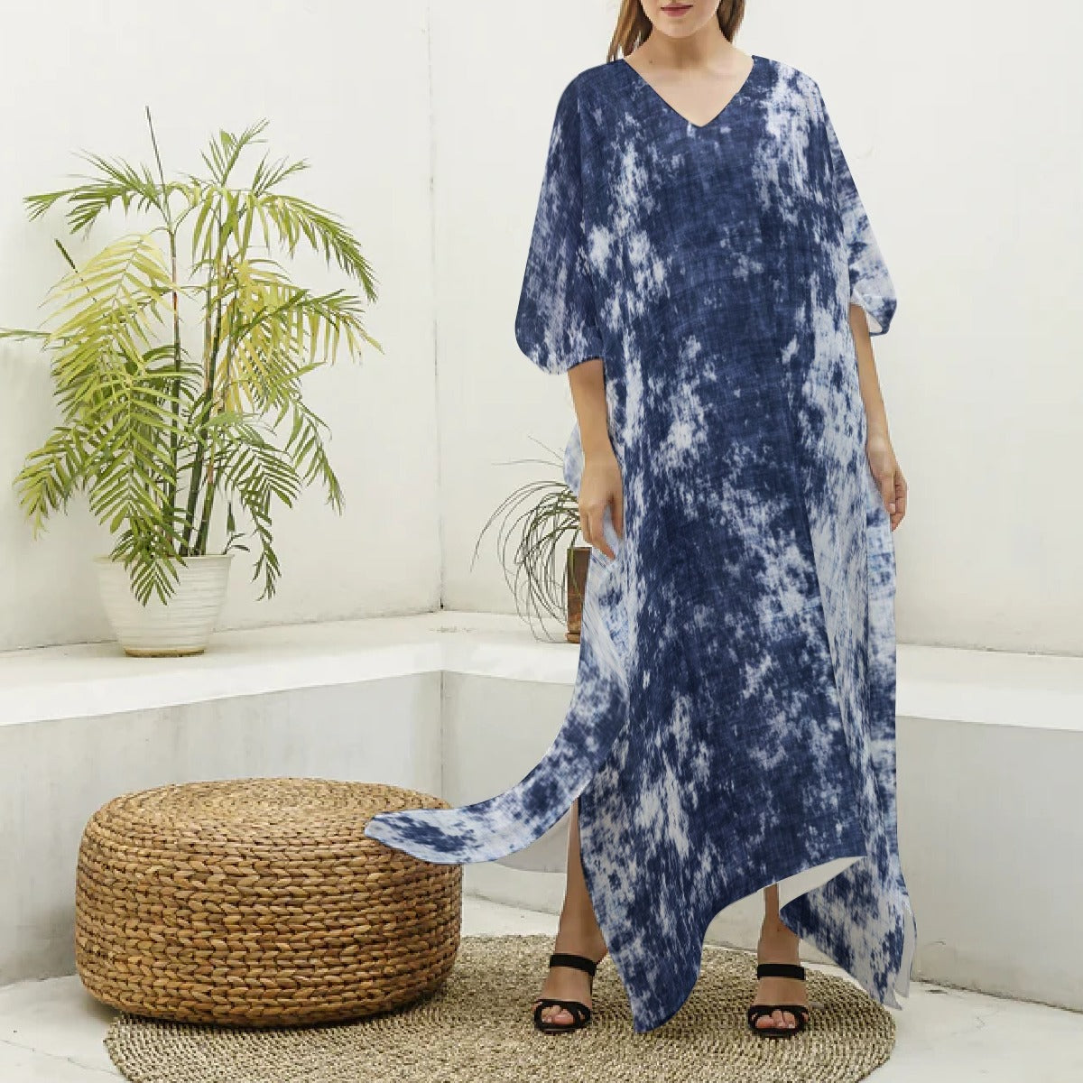 Ptahra B Women's Blue Tye Dye Style Imitation Silk V-neck Kaftan Robe
