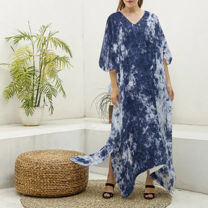Ptahra B Women's Blue Tye Dye Style Imitation Silk V-neck Kaftan Robe