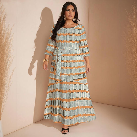 Ptahra Women’s Grey/Orange Multi-Line Pattern Maxi Dress