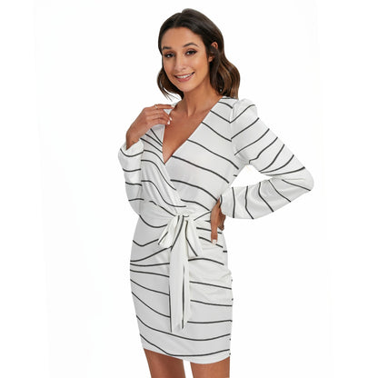 Ptahra B White/Dark Grey Women's Long Sleeve Dress With Waist Belt