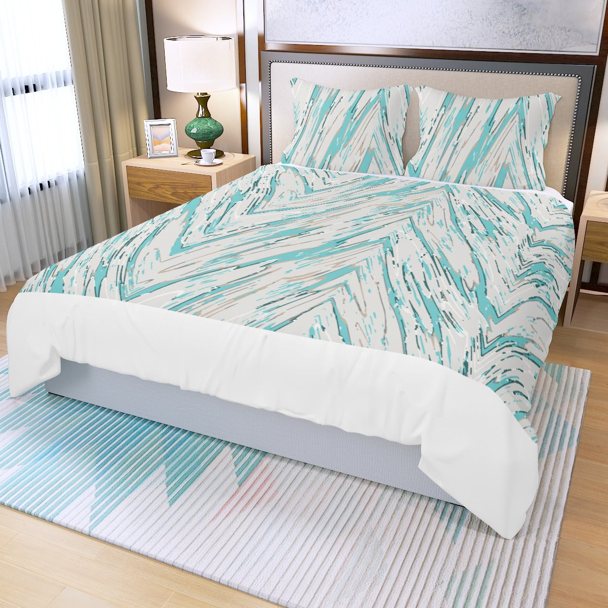 Ptahra B Turquoise Zigzag Wood Pattern Three Piece Duvet Bedding Set