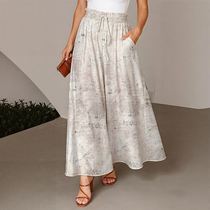 Ptahra Women's Rustic Letter Design Ruffled Wide-Leg Pants