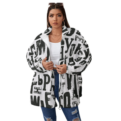 Ptahra B Black lettering Borg Fleece Stand-up Collar Coat With Zipper Closure (Plus Size)