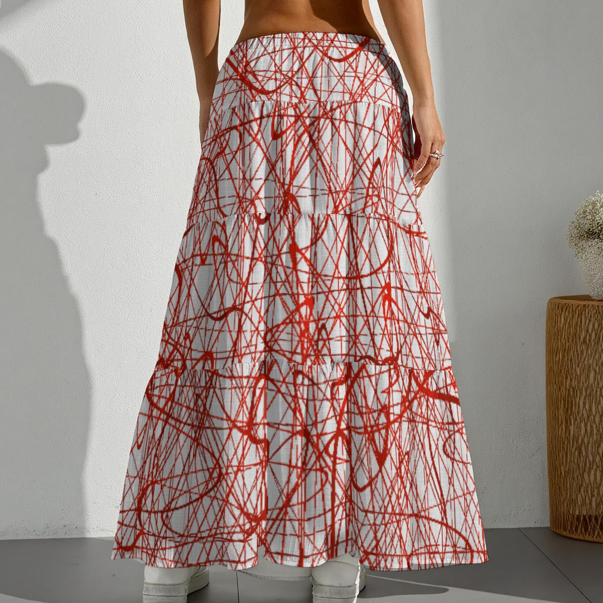 Ptahra Women's White/Red Squiggly Line Pattern Pleated Long Skirt