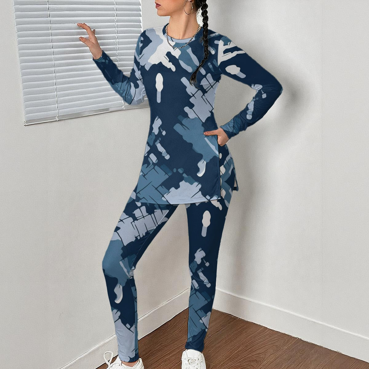 Ptahra B Women's Multi-Blue/White Side Split T-shirt Set