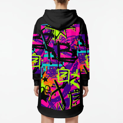 Ptahra Women’s Black/Bright Graphic Art Hoodie Dress With Fleece