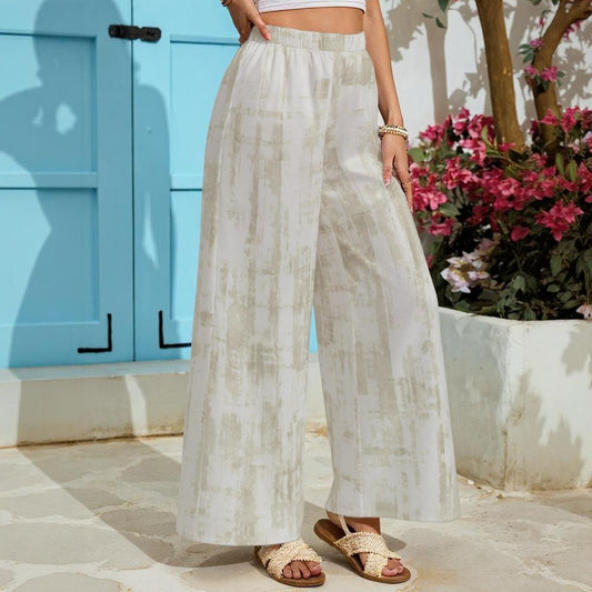 Ptahra Women's White/Beige Design Lightweight Wide-Leg Pants With Pockets