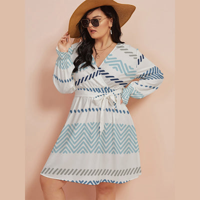 Ptahra B Women's White/Blue/Grey Multi-Pattern V-neck Dress with Waistband