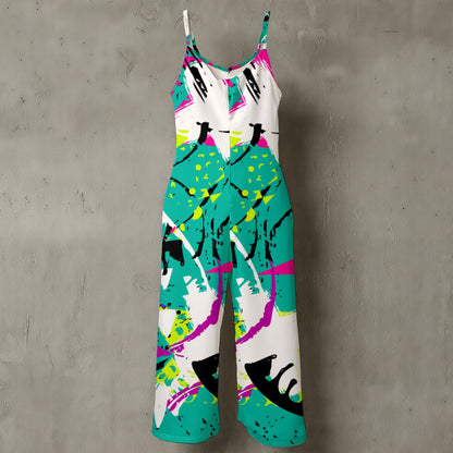 Ptahra B Women’s Bright Fun Art Spaghetti Strap Wide-Leg Jumpsuit