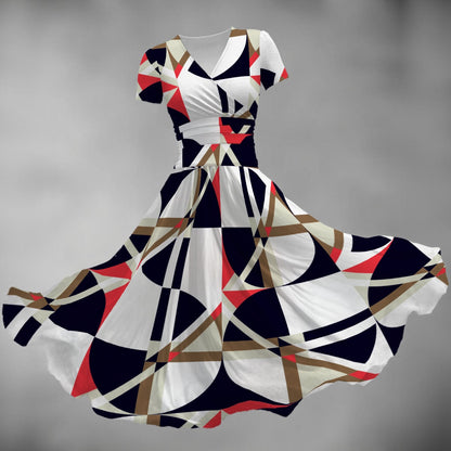 Ptahra Women's White Elegant Multi-Pattern Short Sleeve V Neck Midi Dress