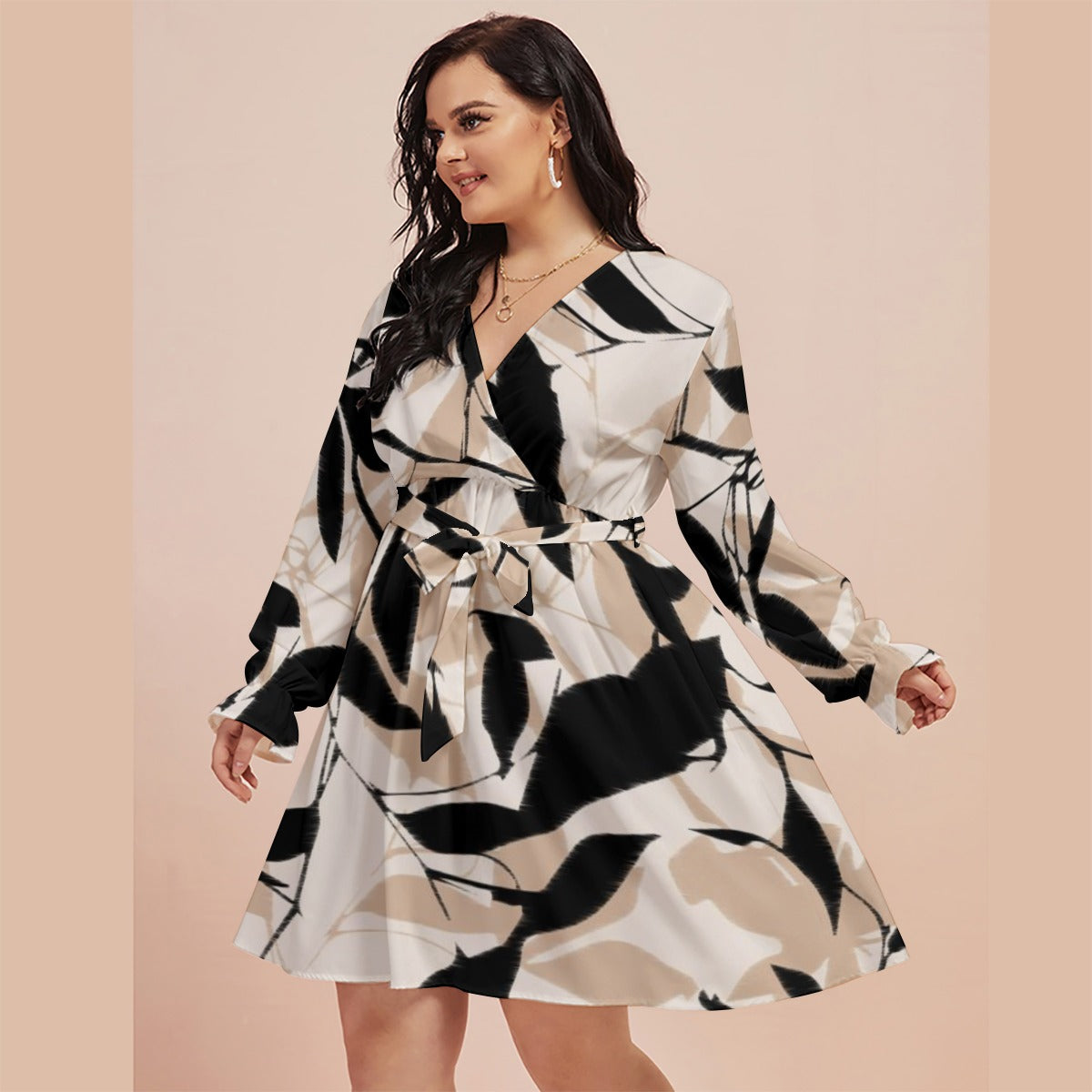 Ptahra B Women's Black/Beige Leaf V-neck Dress with Waistband