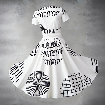 Ptahra Women's White/Black Multi-Line Patterns Short Sleeve V Neck Midi Dress