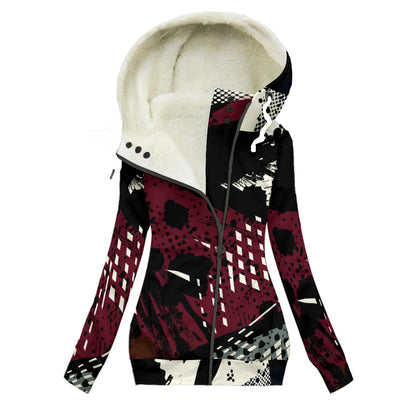 Ptahra Women's Black/Burgundy/White Graphic Design Long Jacket With Fleece Lining