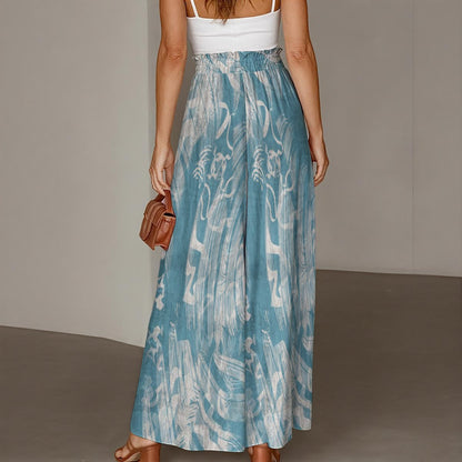 Ptahra Women's Blue/White Art Pattern Ruffled Wide-Leg Pants