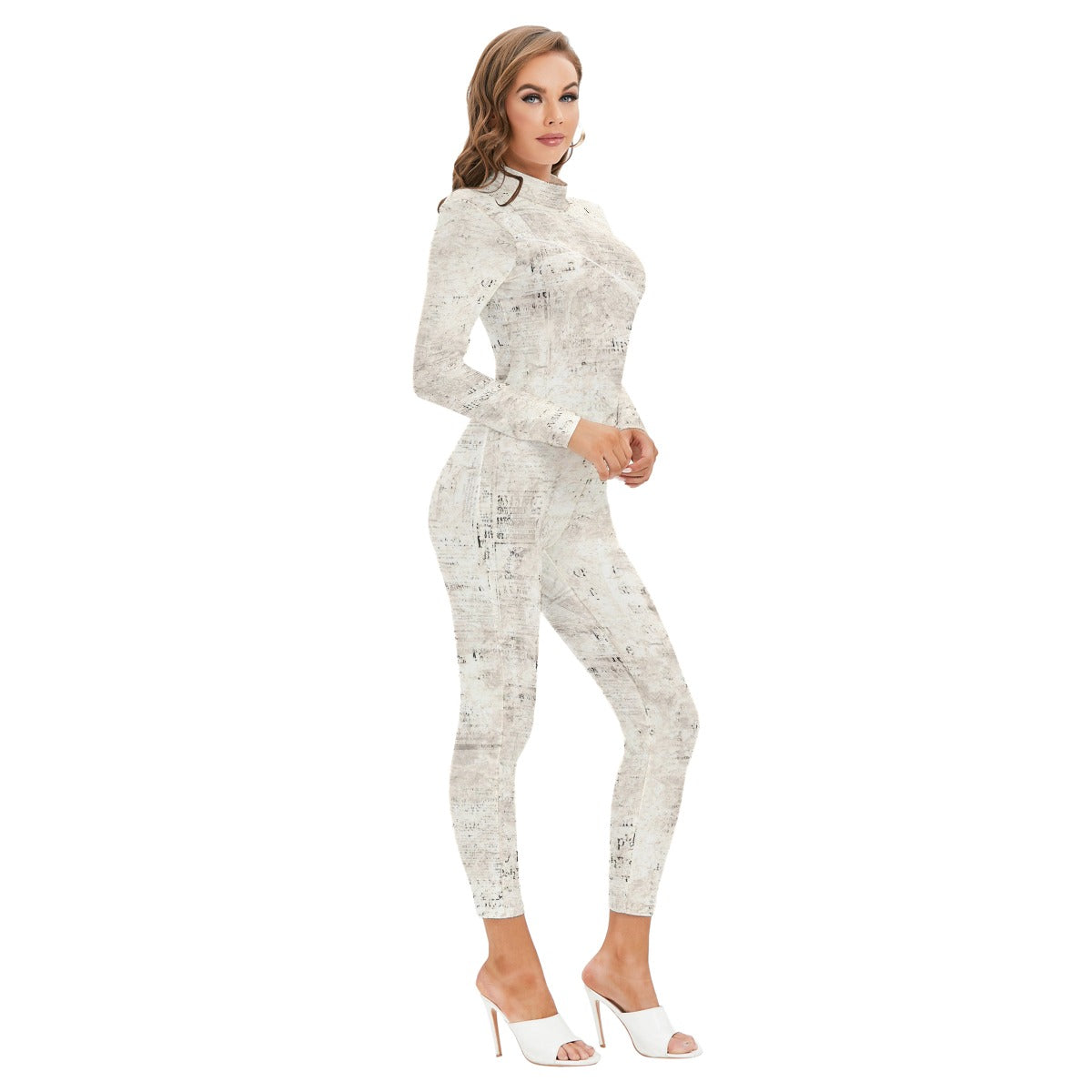 Ptahra B Women's Off-White Vintage look Long-sleeved High-neck Jumpsuit with Zipper