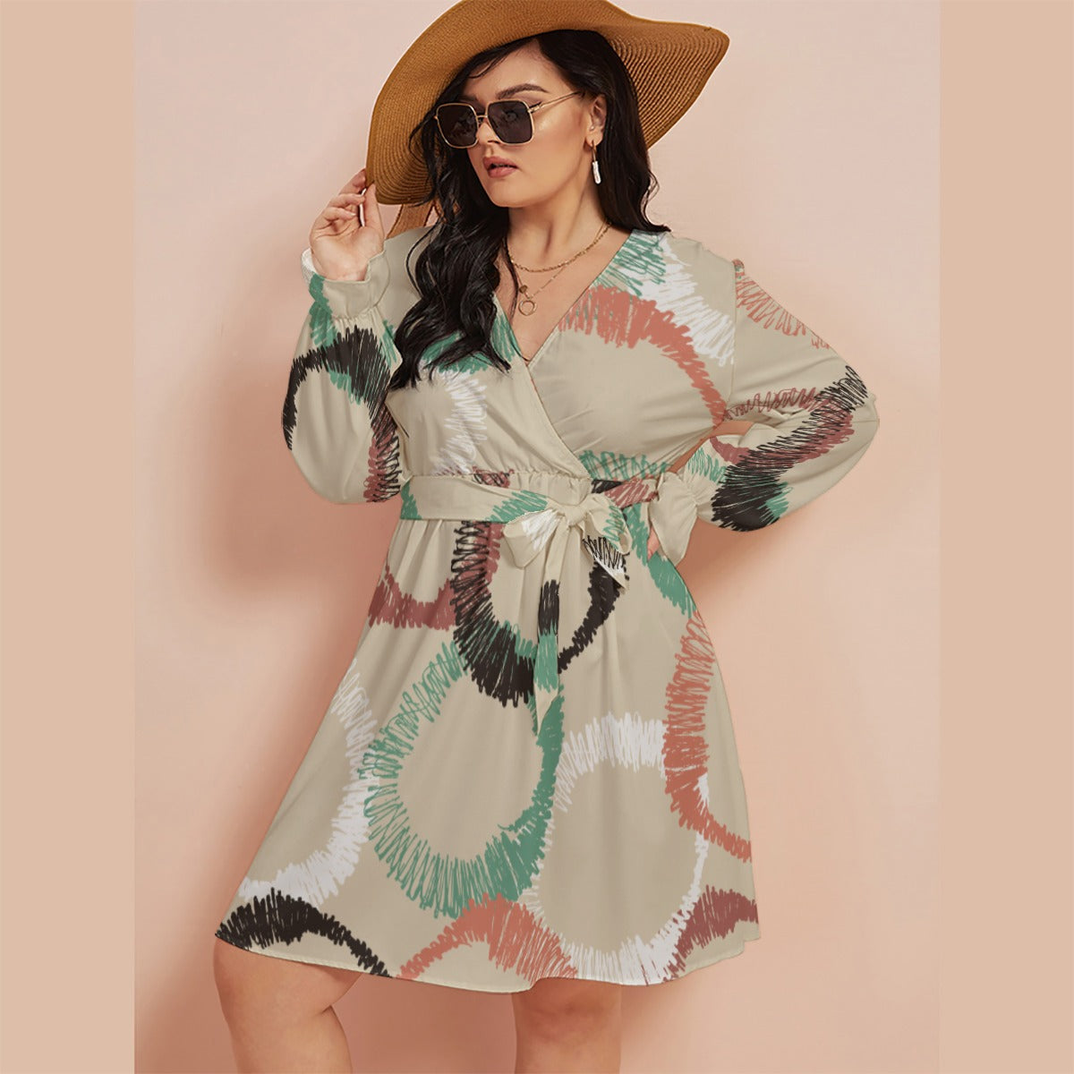 Ptahra B Women's Beige/Pink/Green with Black Circle Pattern V-neck Dress with Waistband