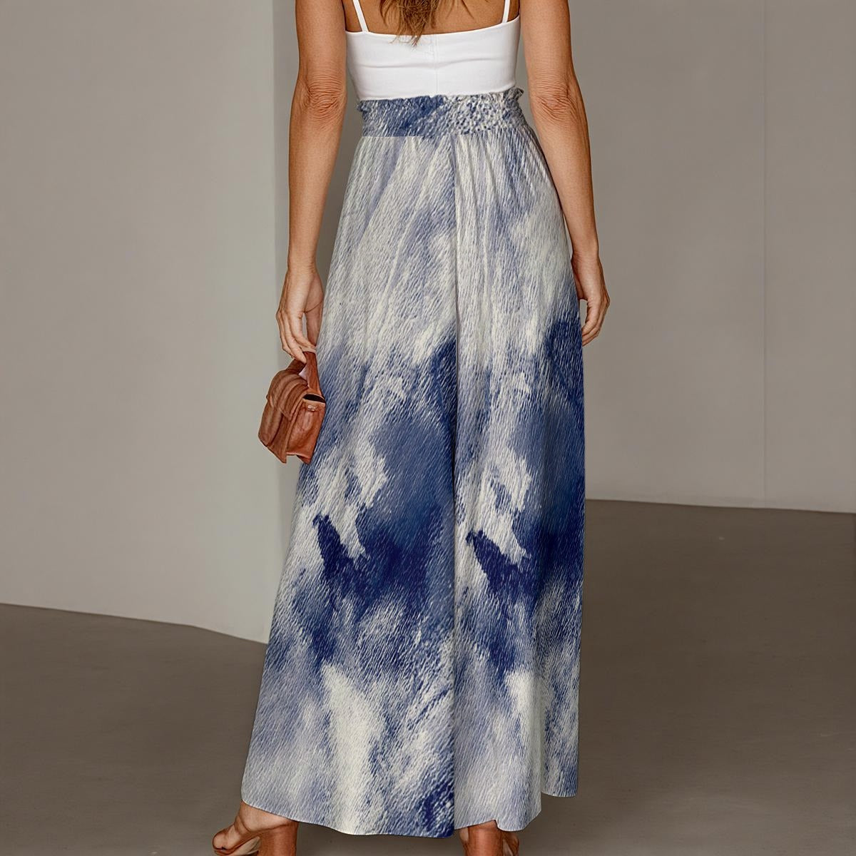Ptahra Women's White/Blue Smudge Effect Ruffled Wide-Leg Pants